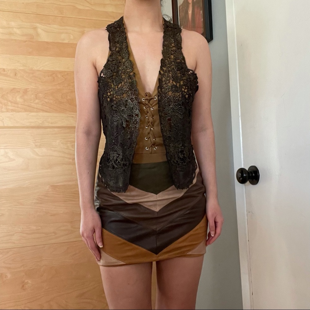 BEBE Metallic Gold Floral Lace Vest